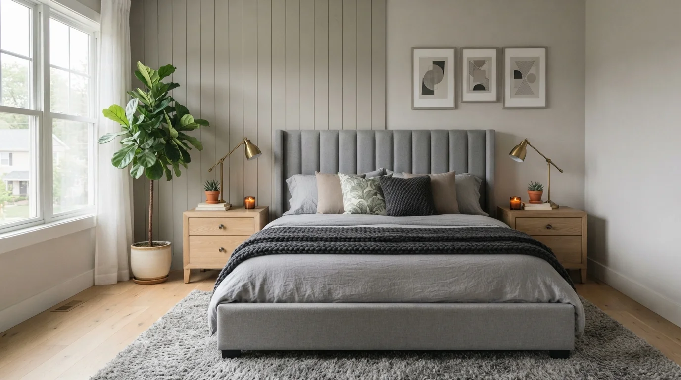 Warm Greige Sanctuary — light gray bedroom painted in Stay Calm