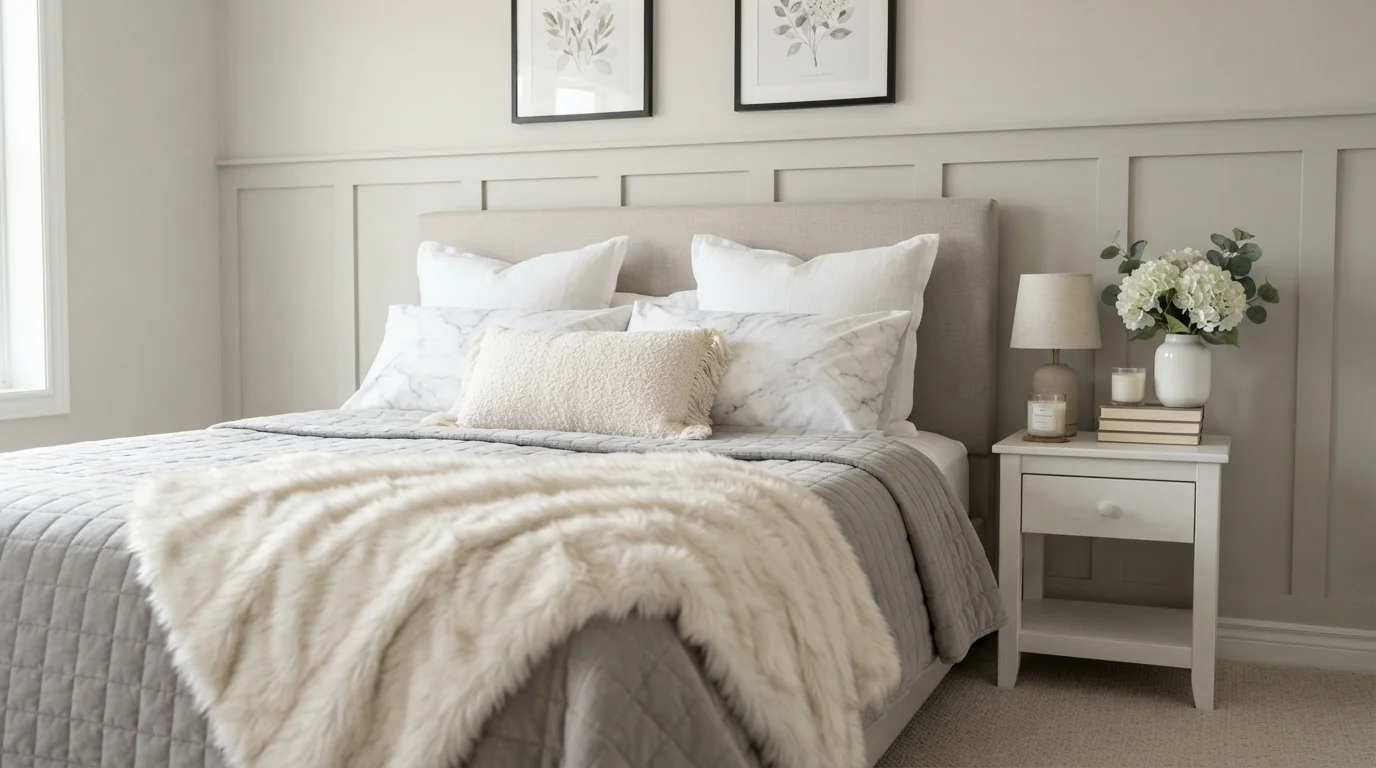 Layered Greige Comfort — light gray bedroom painted in Hidden Cove