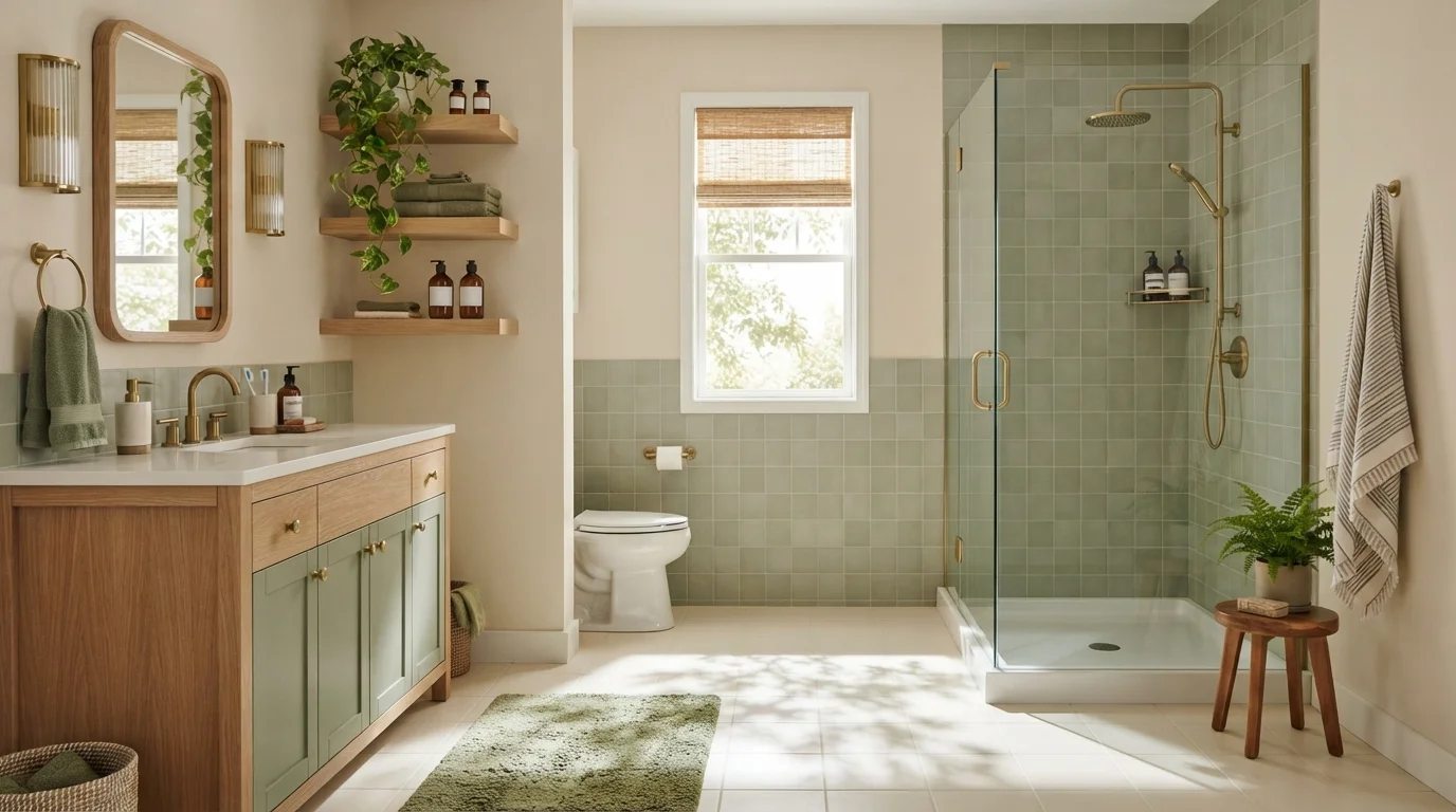 Botanical Sunlit Serenity — light green bathroom painted in Cream in My Coffee