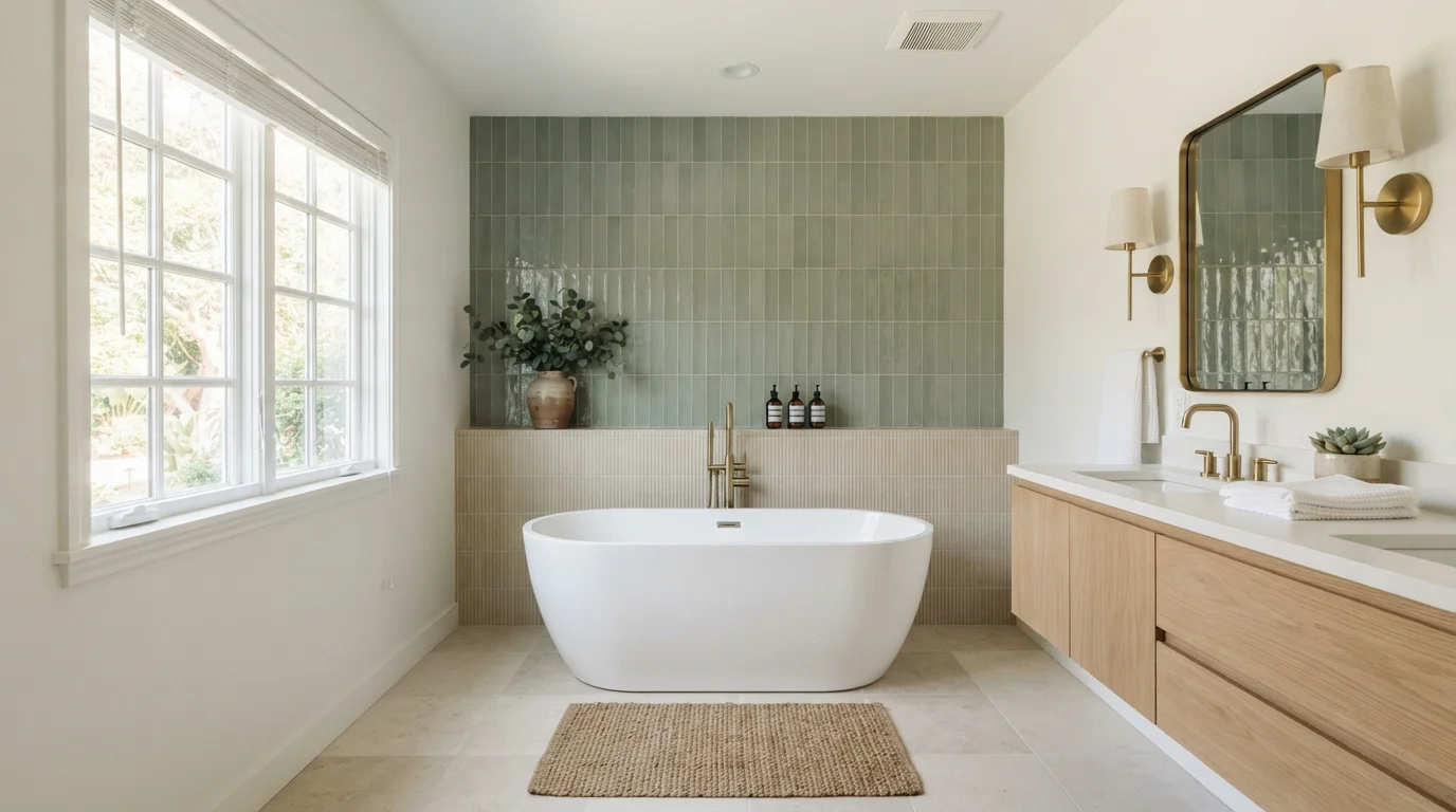 Sage and Warm Oak Retreat — light green bathroom painted in White Daisy