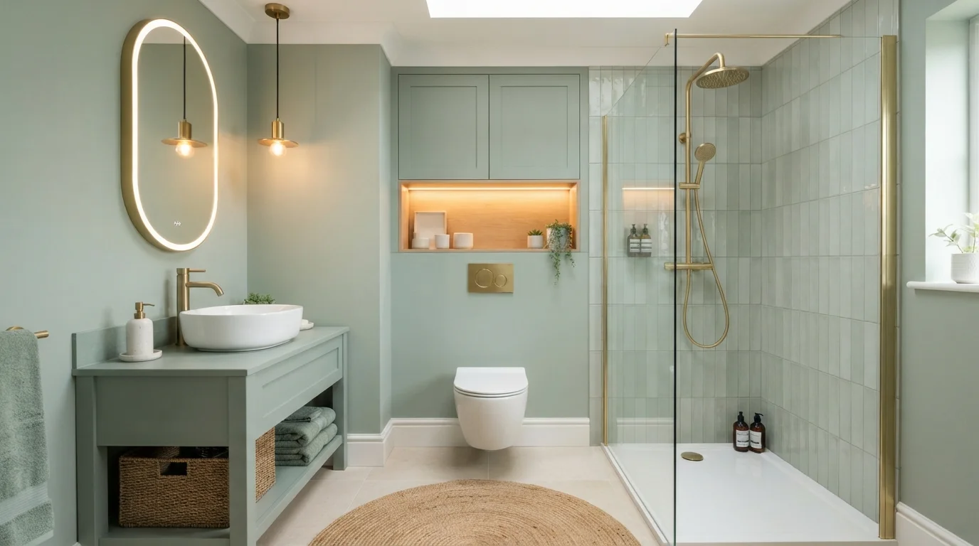 Serene Sage Sanctuary — light green bathroom painted in Reeds