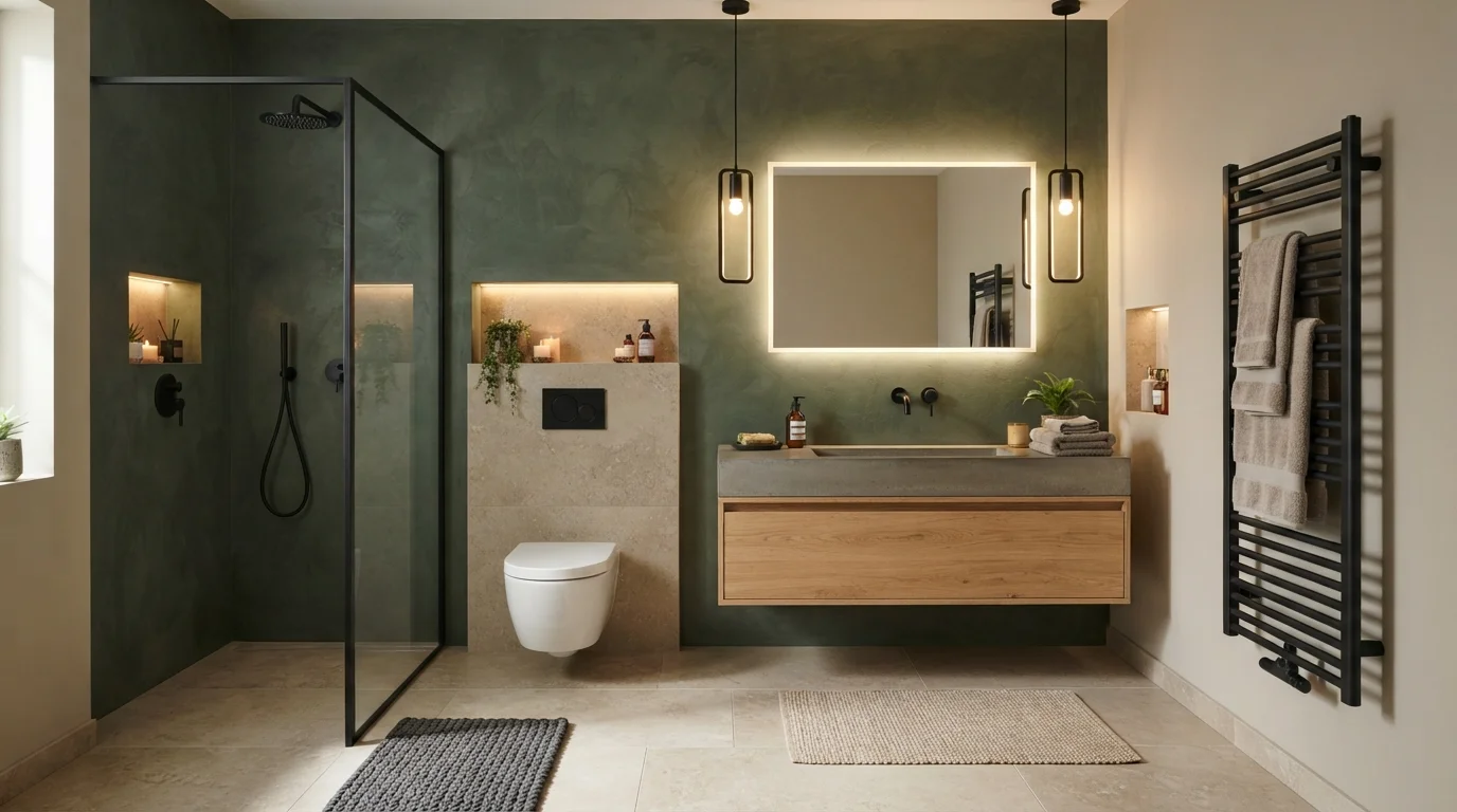 Moss Green Sanctuary — light green bathroom painted in Gladiator Gray