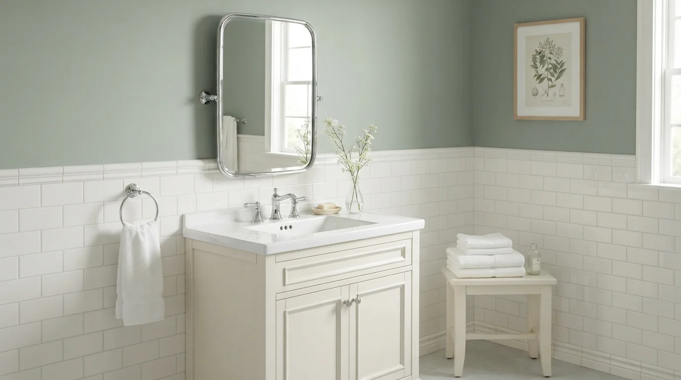 Muted Sage Sanctuary — light green bathroom painted in Concrete Sidewalk