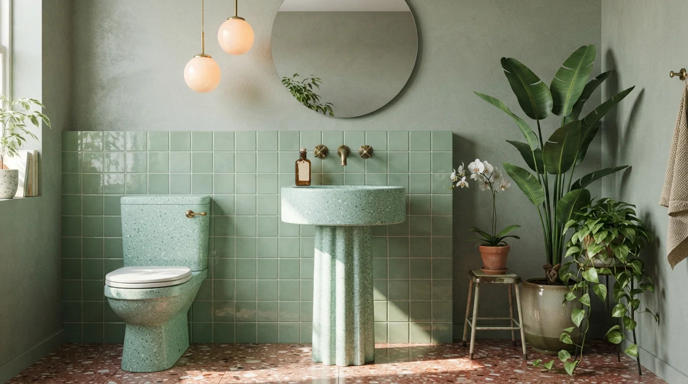 Celadon and Coral Sanctuary — light green bathroom painted in Vineyard