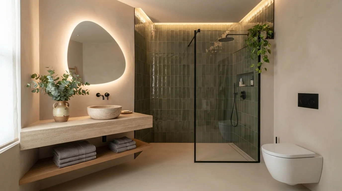 Olive Grove Sanctuary — light green bathroom painted in Stone Harbor Greige