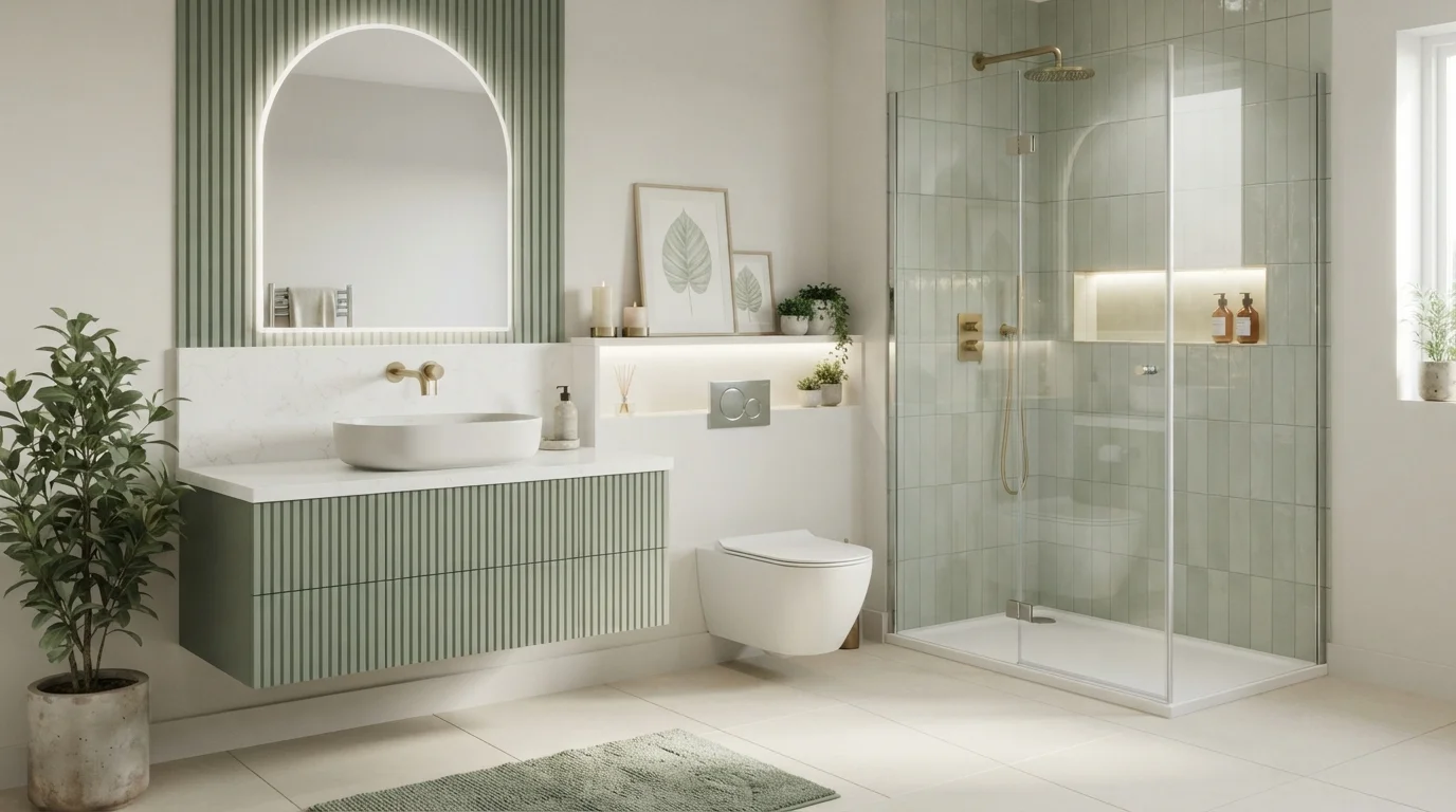 Sage Green Spa — light green bathroom painted in Snowed In
