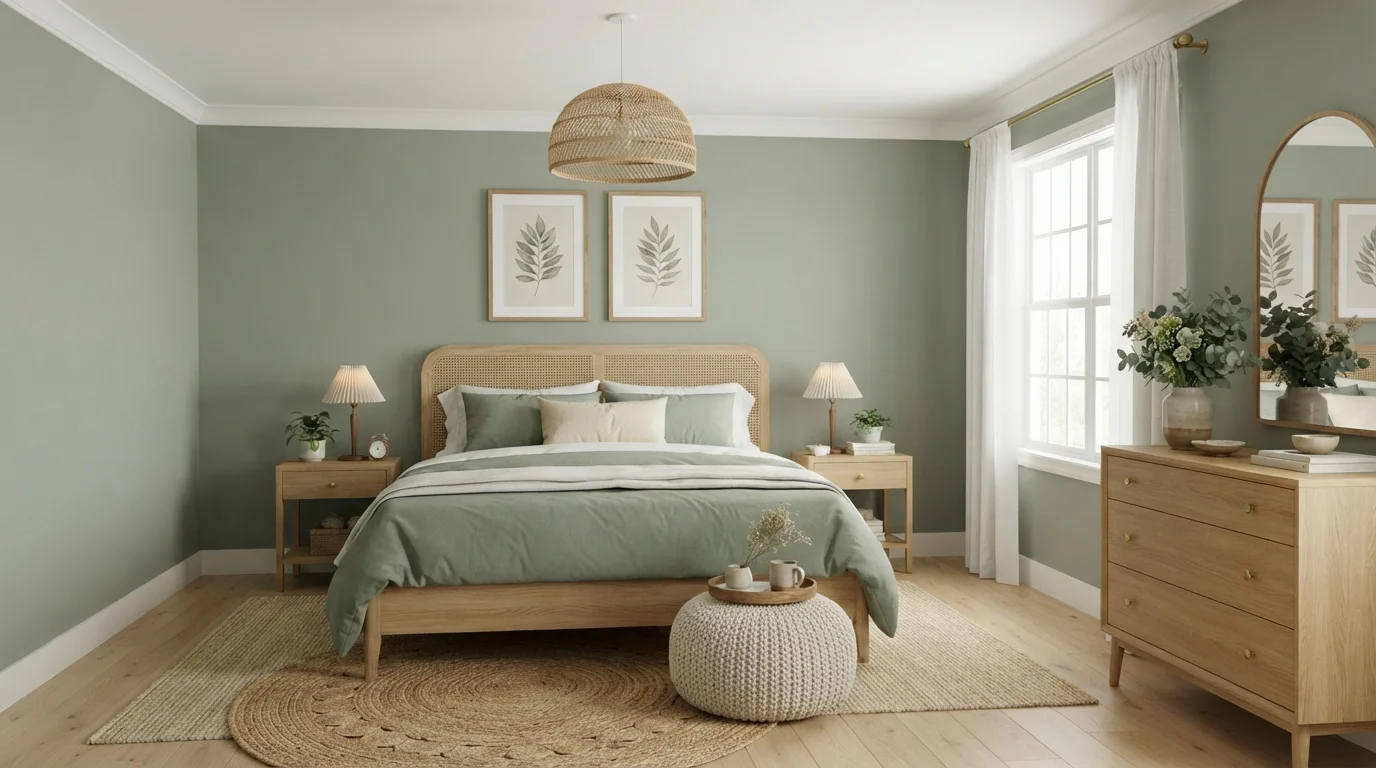 Earthy Sage Sanctuary — light green bedroom painted in Greenwich Village