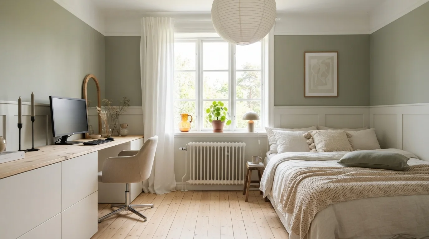 Sage and Linen Haven — light green bedroom painted in Cavern Moss