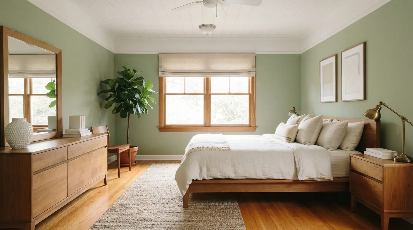 Earthy Sage Bedroom — light green bedroom painted in Promenade
