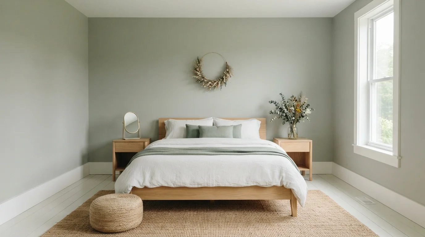 Soft Sage Haven — light green bedroom painted in Stormy Day