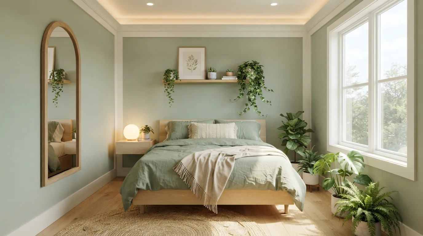Serene Sage Sanctuary — light green bedroom painted in Hidden Glade