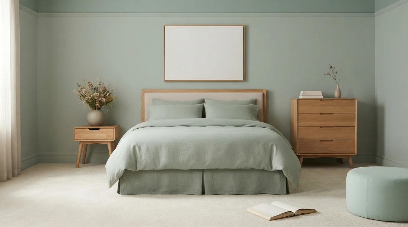 Monochrome Sage Sanctuary — light green bedroom painted in Scenic Drive