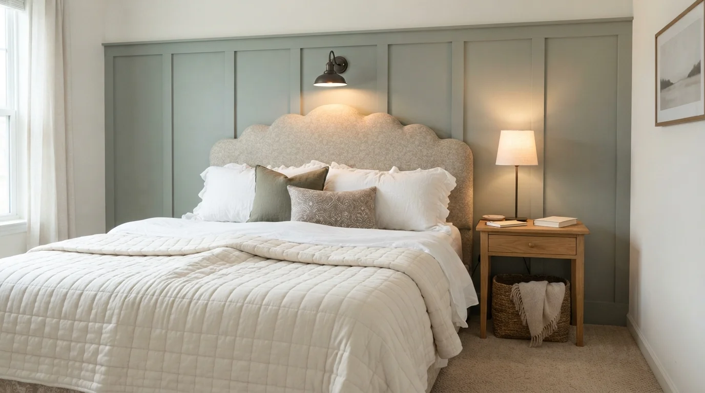 Sage Cottage Retreat — light green bedroom painted in Seafoam Storm