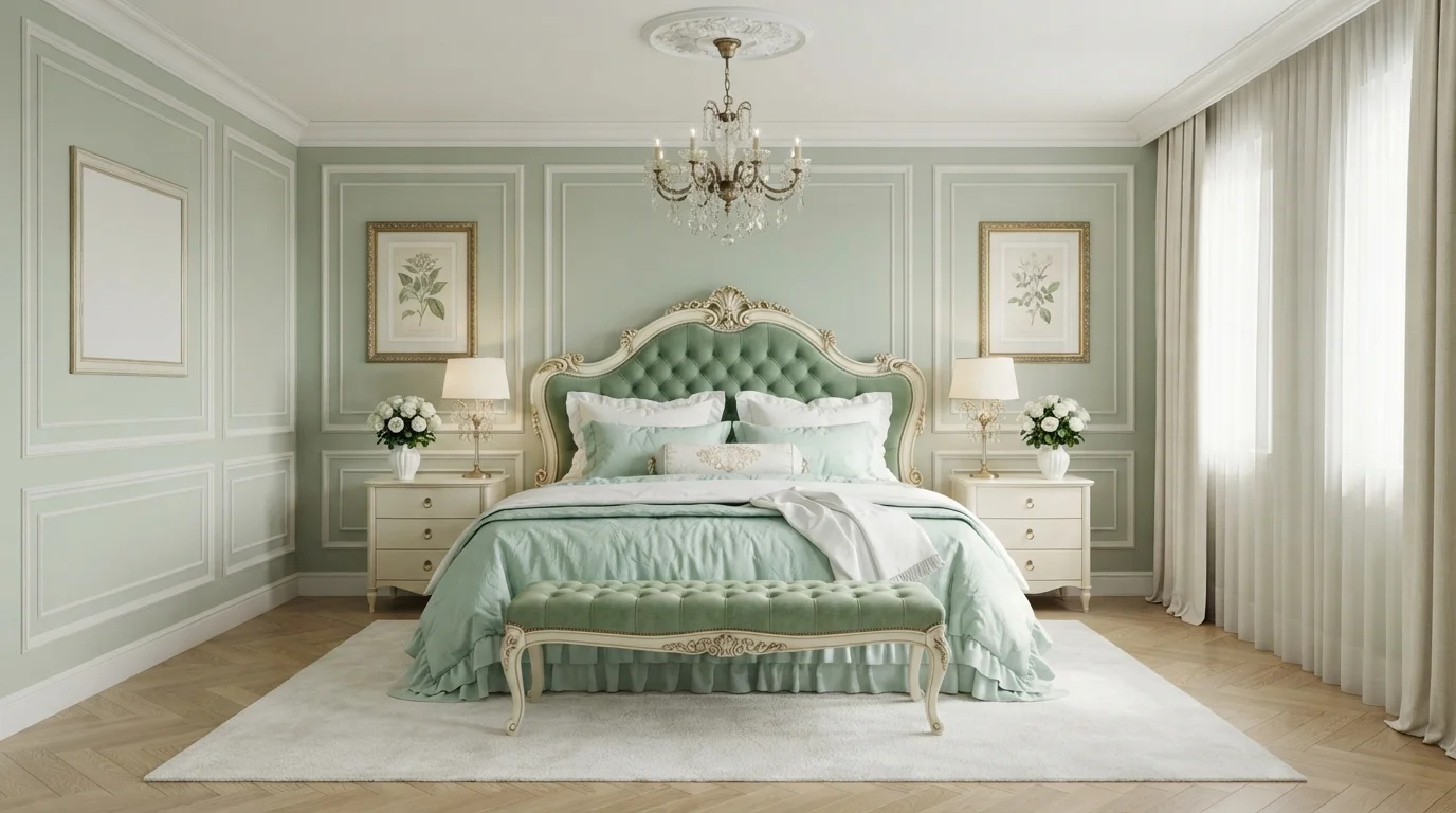 Pistachio French Sanctuary — light green bedroom painted in Matcha Latte