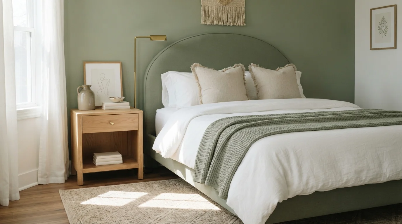 Serene Sage Sanctuary — light green bedroom painted in Fern Leaf