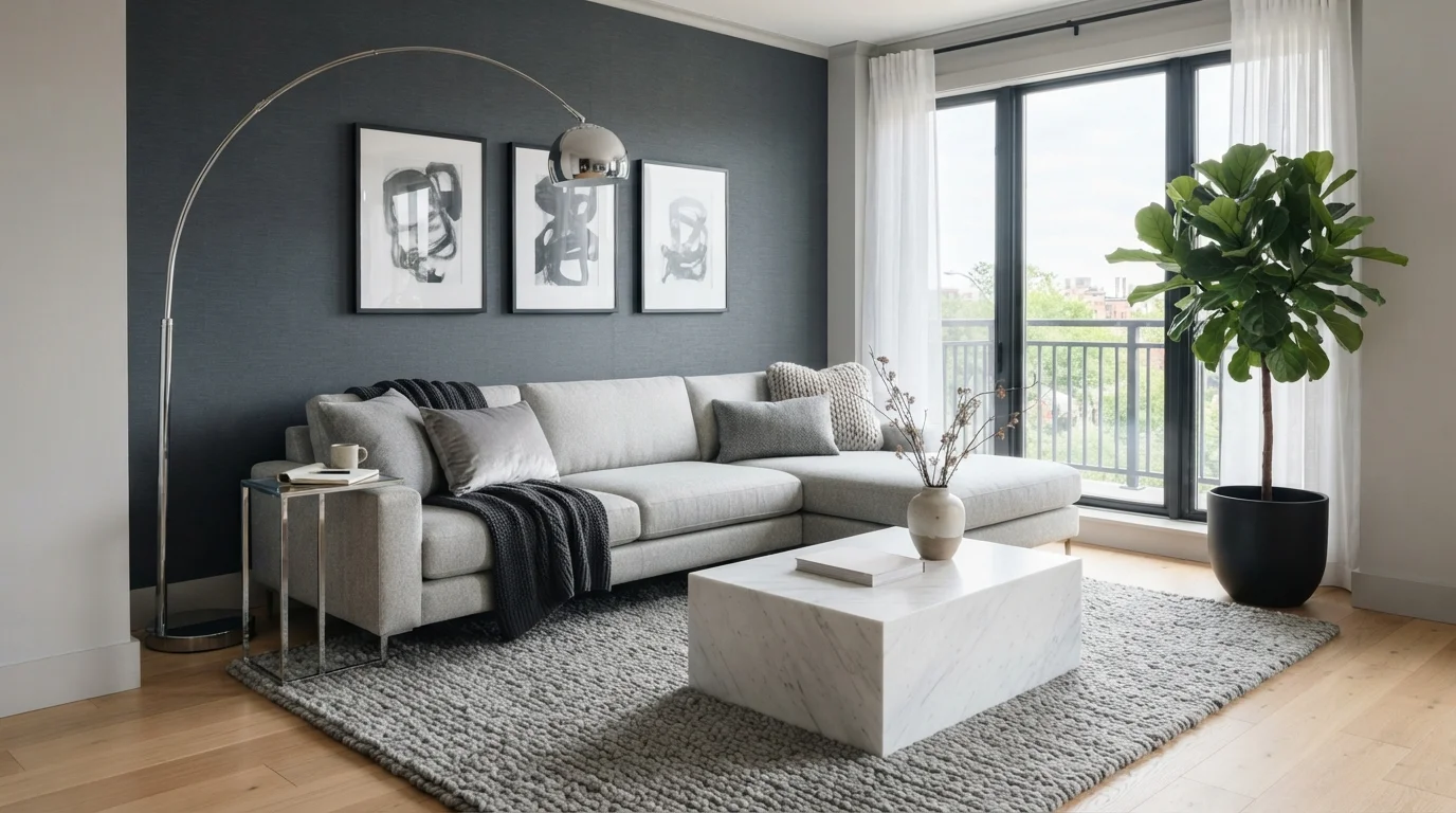 Charcoal and Marble Modern — gray living room painted in Midnight Blue