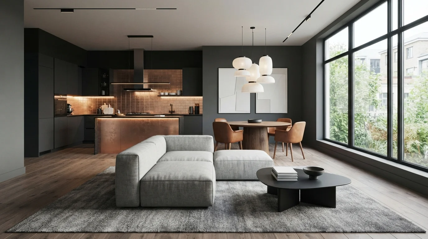 Charcoal and Copper Sanctuary — gray living room painted in Ambler Slate