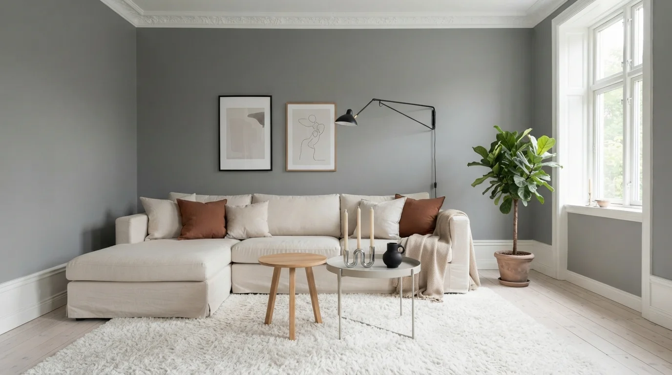 Nordic Mineral Grey — gray living room painted in Subtle Shadow