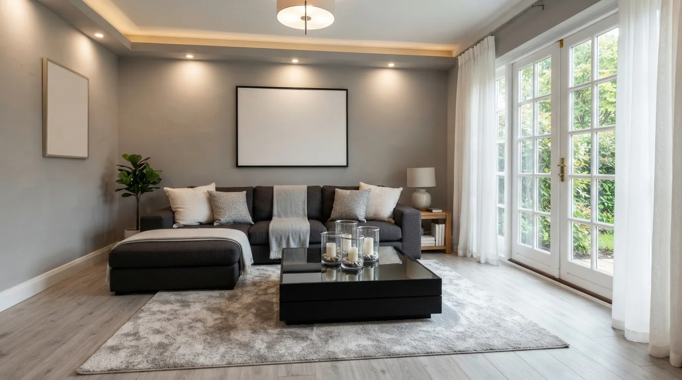 Modern Greige Serenity — gray living room painted in Pewter Cast