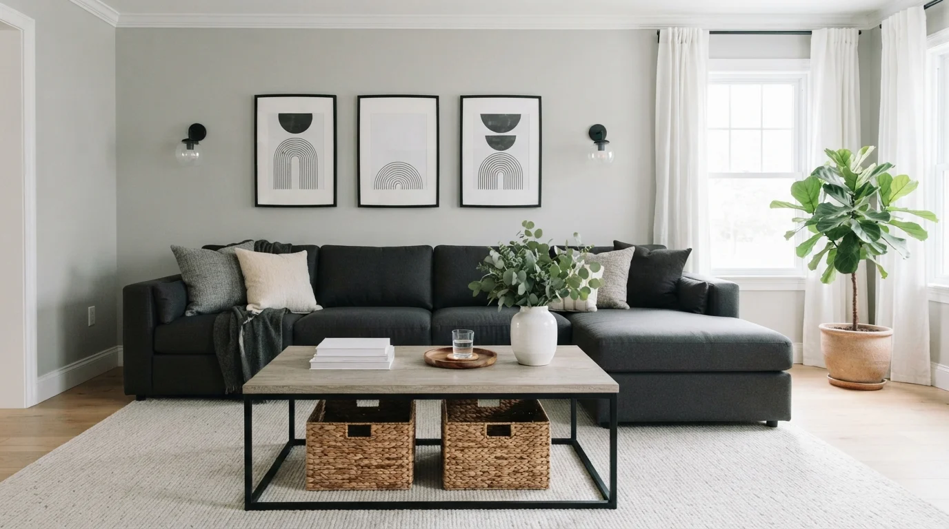 Calm Contemporary Gray Lounge — gray living room painted in Covered in Platinum