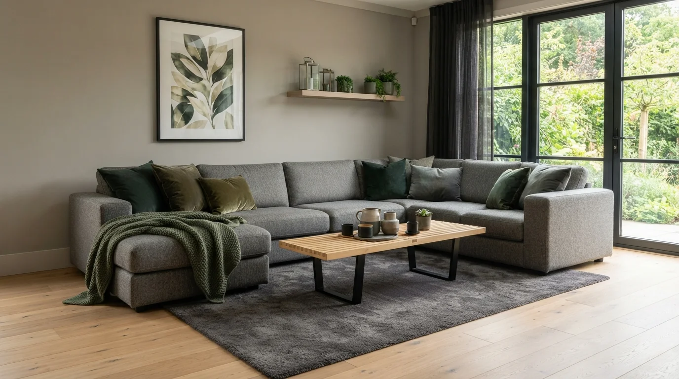 Muted Forest Retreat — gray living room painted in Vintage Pewter