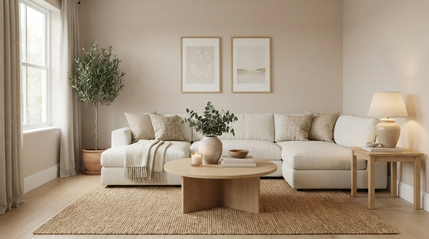 Warm Linen Serenity — neutral living room painted in Hazelnut Cream