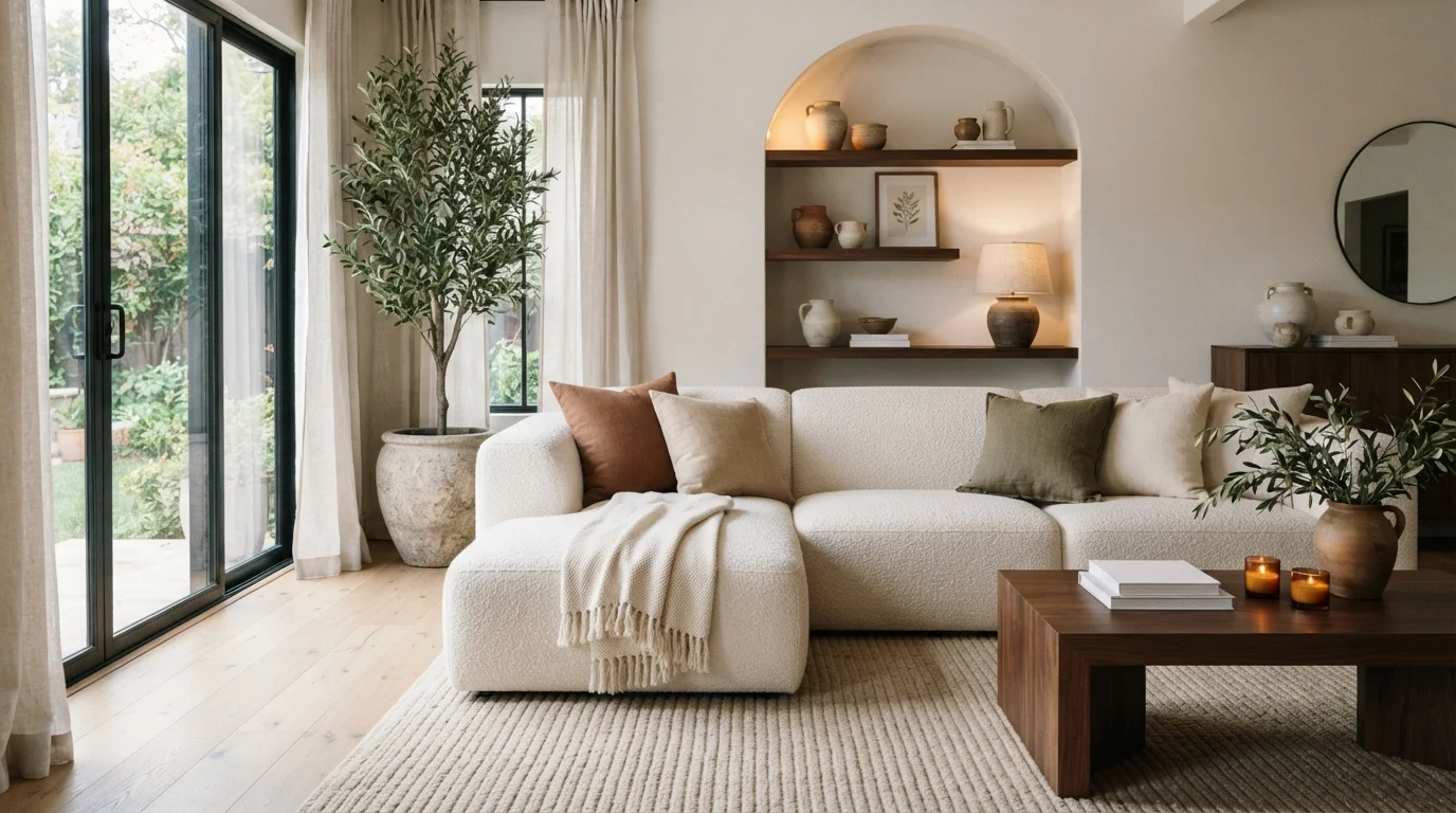 Earthy Bouclé Haven — neutral living room painted in Modest White
