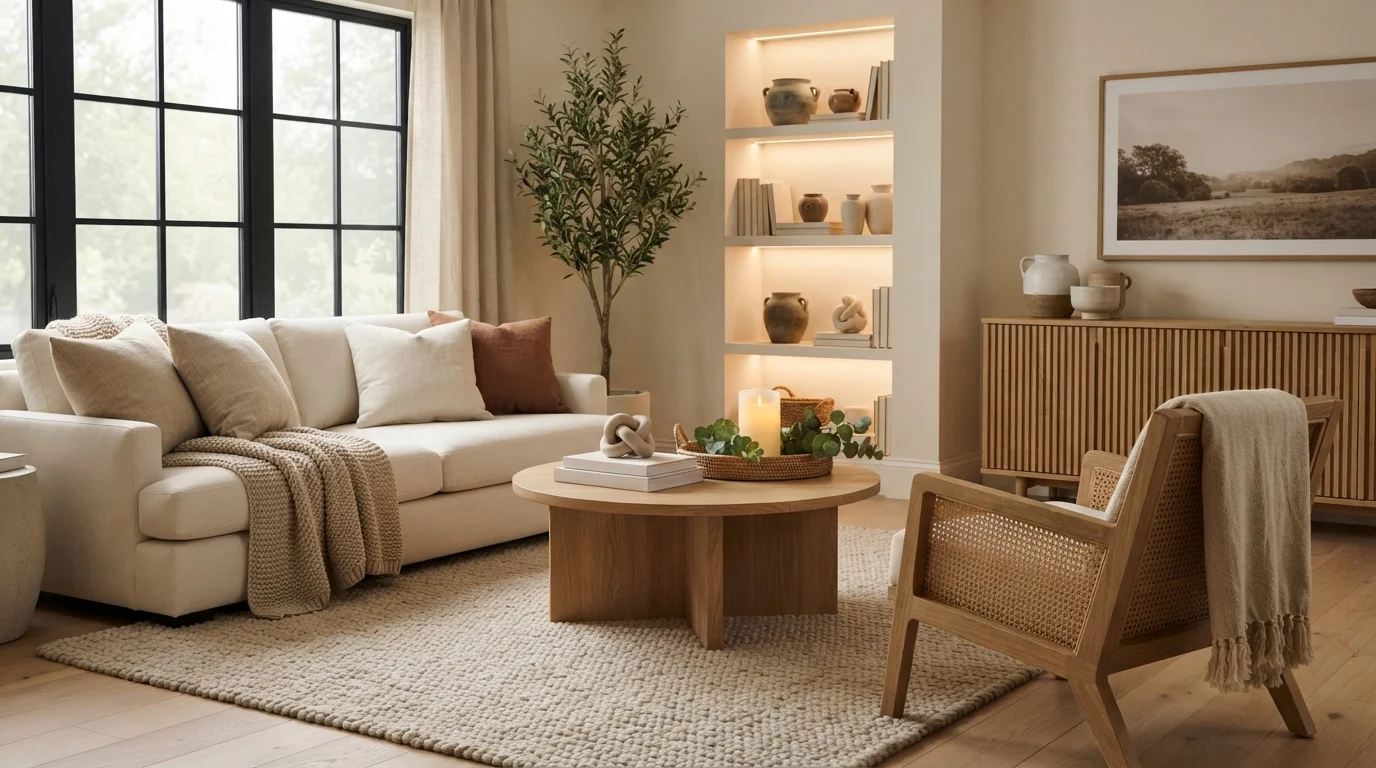 Warm Organic Serenity — neutral living room painted in White Sand
