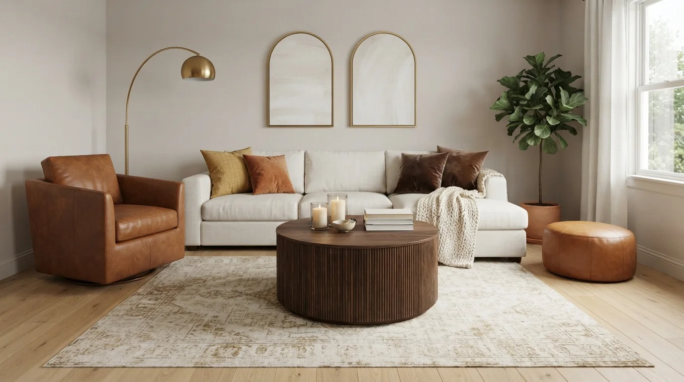 Warm Neutral Haven — neutral living room painted in Taupe Mist