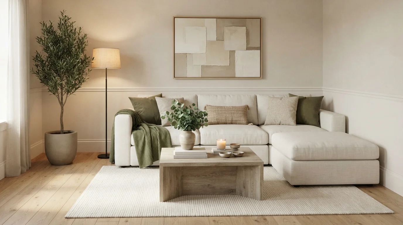 Olive and Cream Sanctuary — neutral living room painted in Water Chestnut