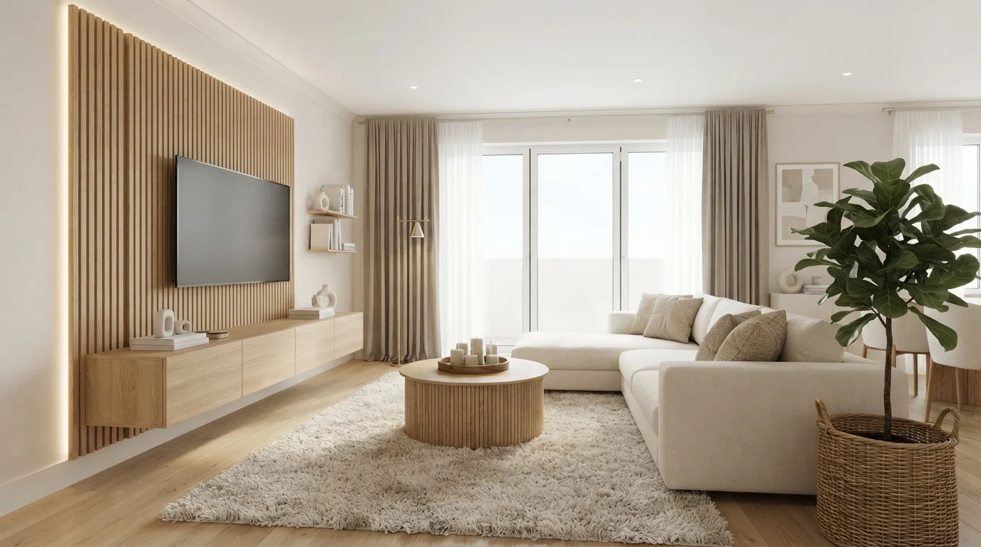 Warm Oatmeal Minimalism — neutral living room painted in Stone Quarry