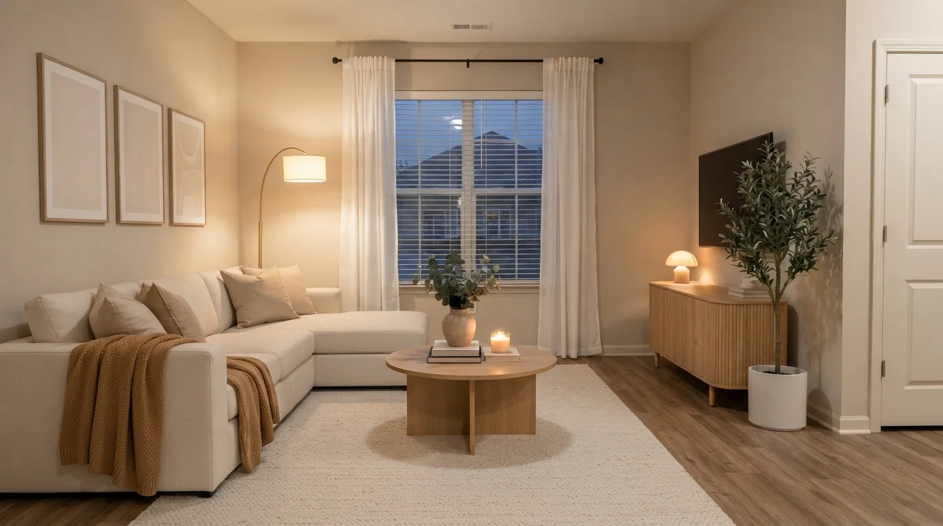 Warm Cream Haven — neutral living room painted in Buffed Tan