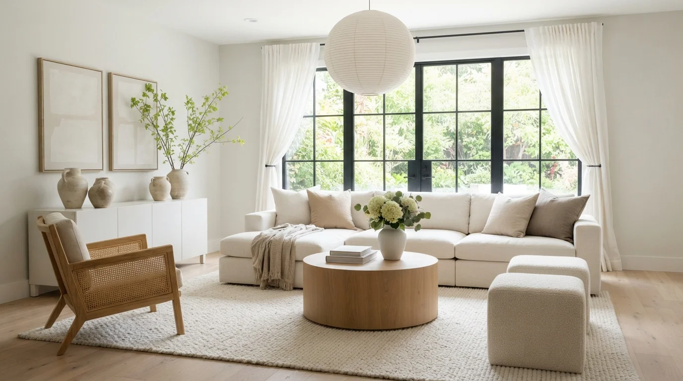 Warm Minimalist Retreat — white living room painted in Floral Scent