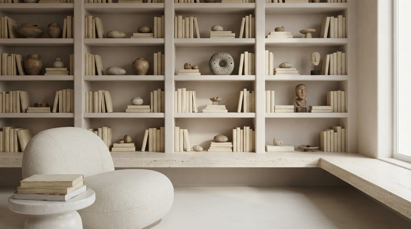 Chalky Plaster Library — white living room painted in Castle Beige
