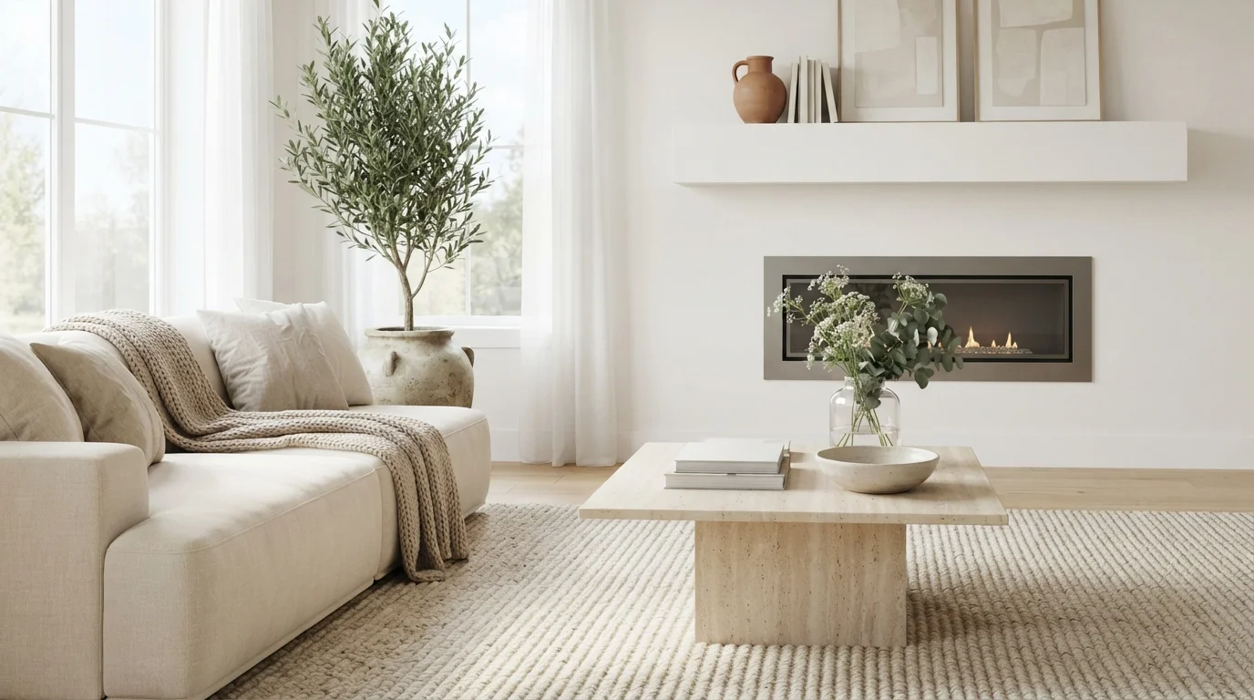 Warm Alabaster Minimalist — white living room painted in White Zinfandel