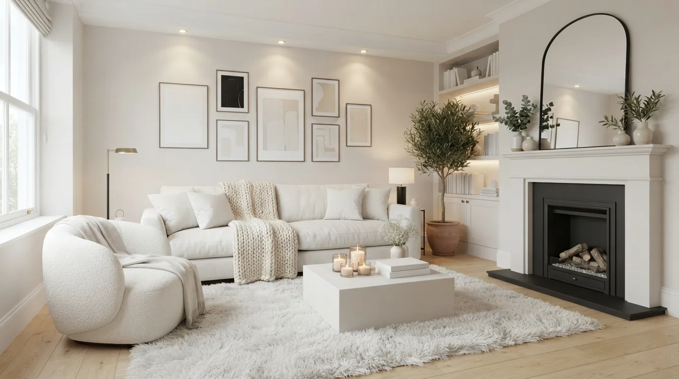 Monochromatic Cloud Living Room — white living room painted in Kitten White