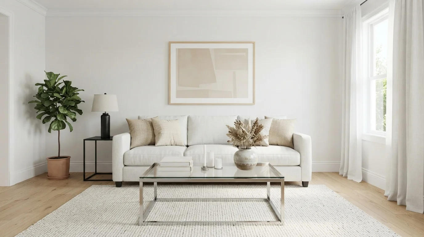 Sunlit Minimal Serenity — white living room painted in White Daisy