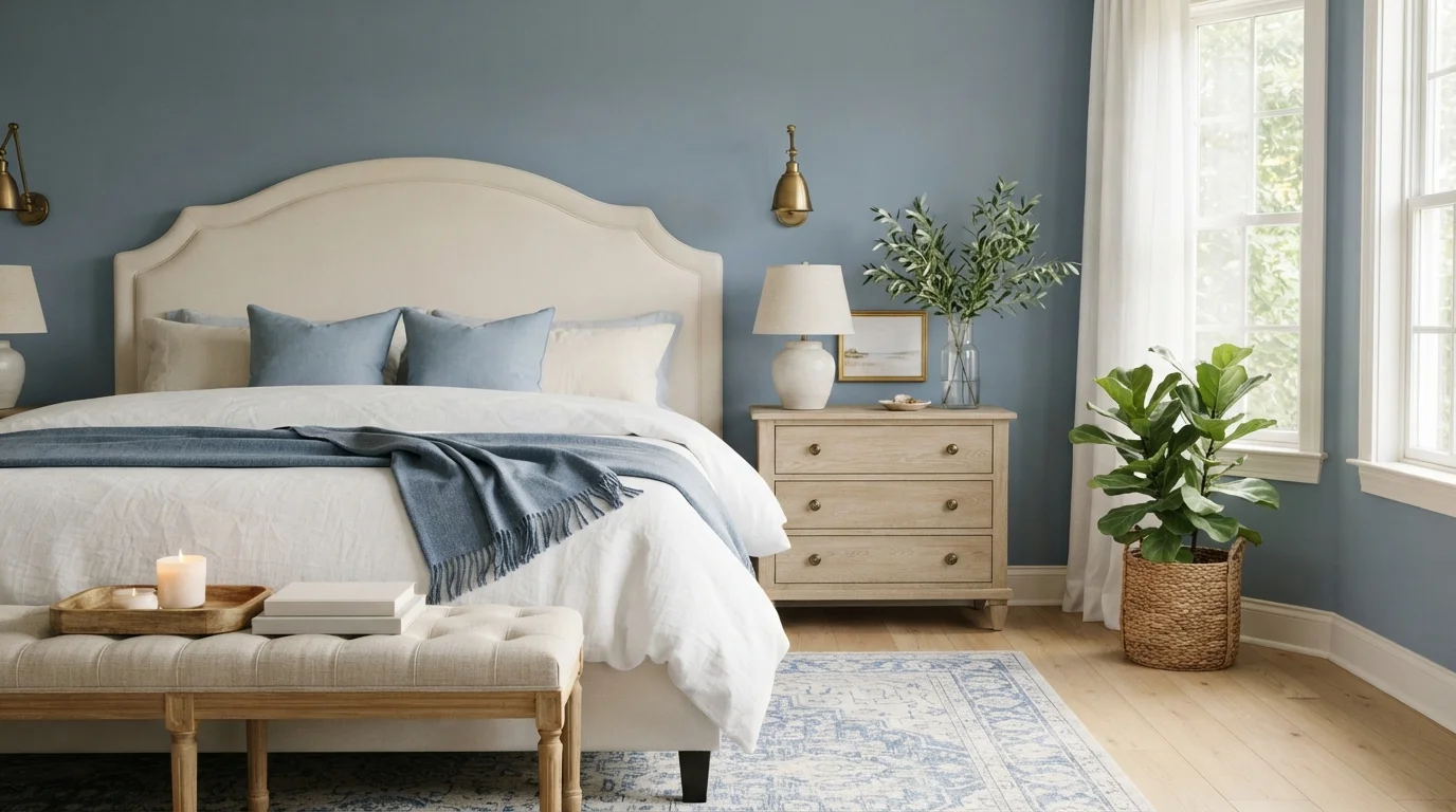 Serene Coastal Slate — blue master bedroom painted in Lakeville