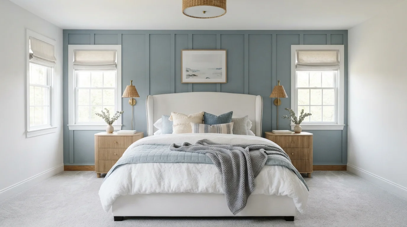Dusty Blue Sanctuary — blue master bedroom painted in Slate Blue