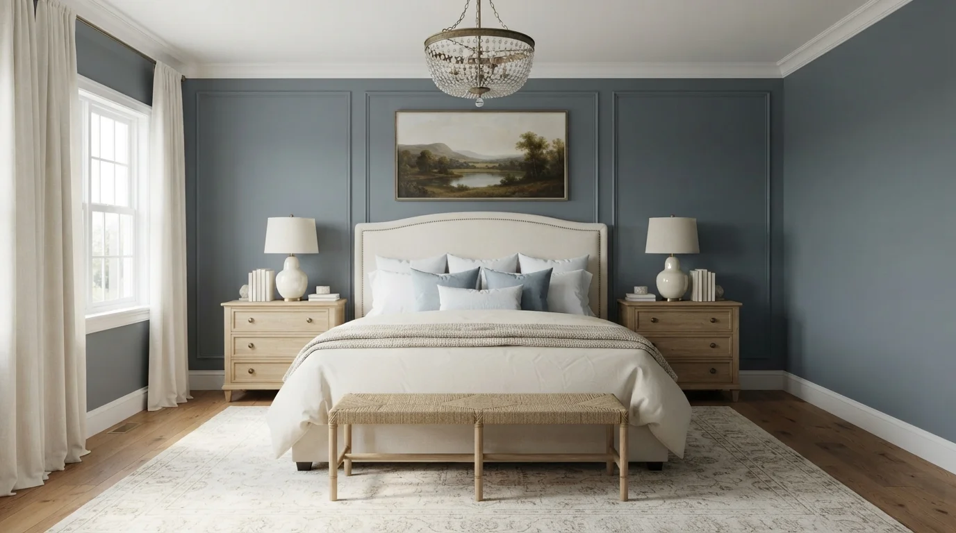 Muted Slate Haven — blue master bedroom painted in Hatteras Gray