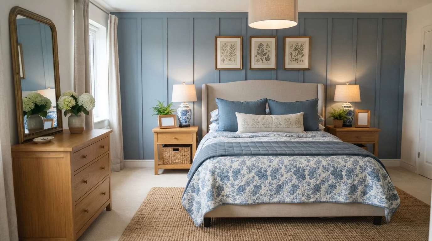 Dusty Blue Cottage — blue master bedroom painted in Gray Lavender