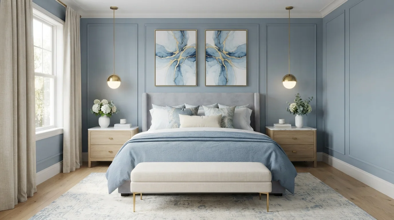 Dusty Blue Haven — blue master bedroom painted in New Toile