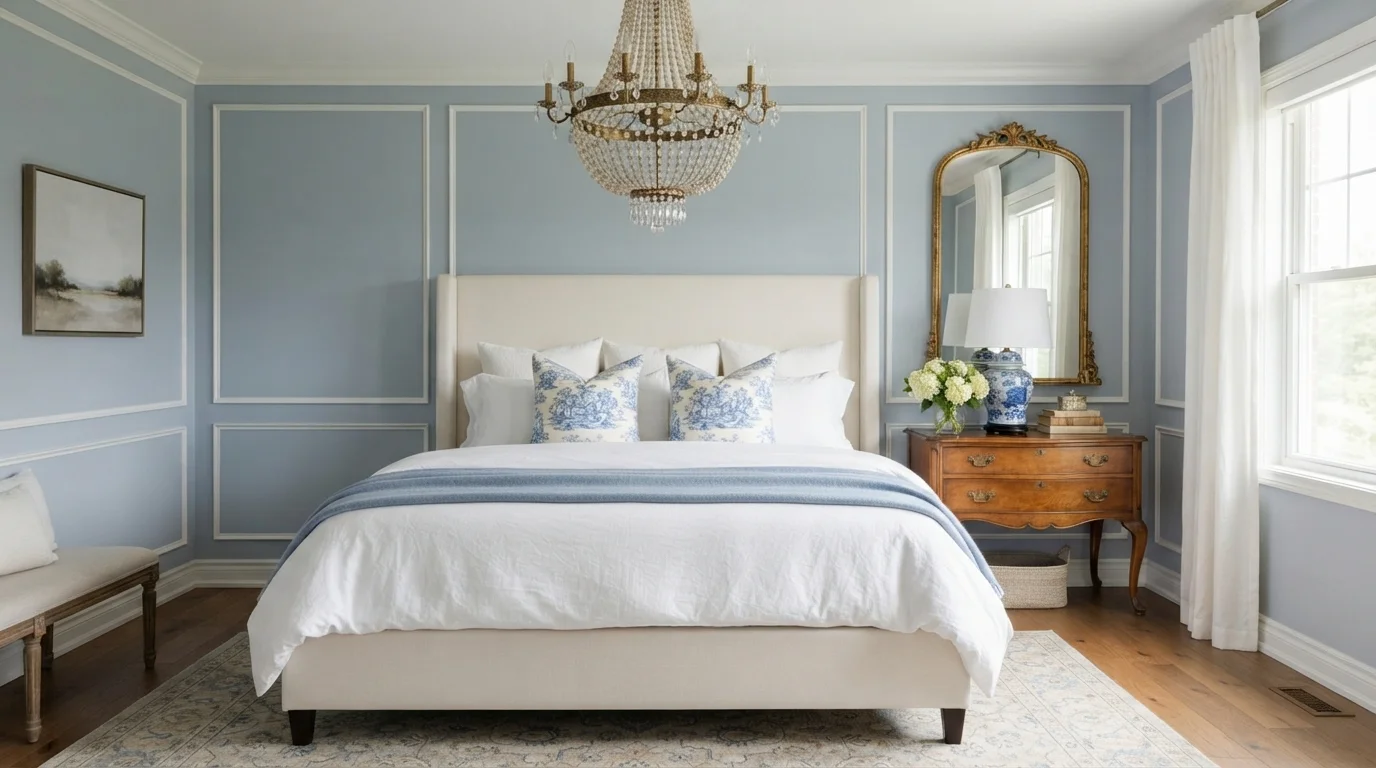 French Powder Blue — blue master bedroom painted in Rendezvous
