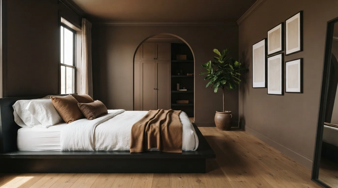 Cocoa Brown Retreat — brown master bedroom painted in Chocolate Diamonds