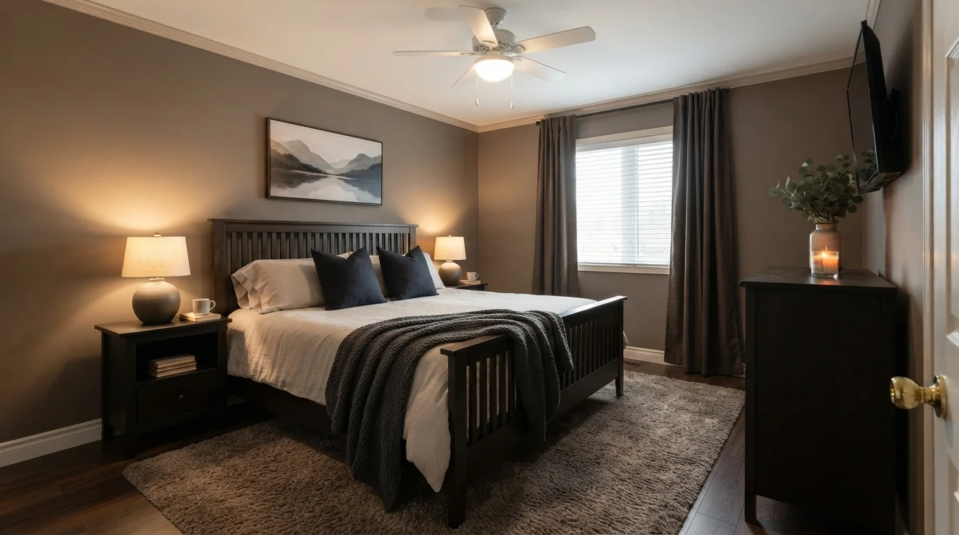 Moody Taupe Retreat — brown master bedroom painted in Coffee House