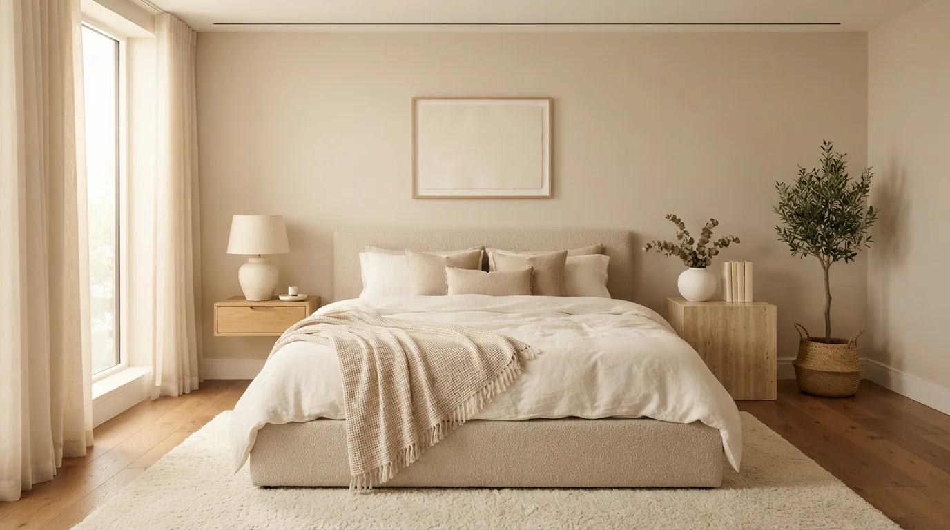 neutral master bedroom color idea — Natural Wicker · Glidden