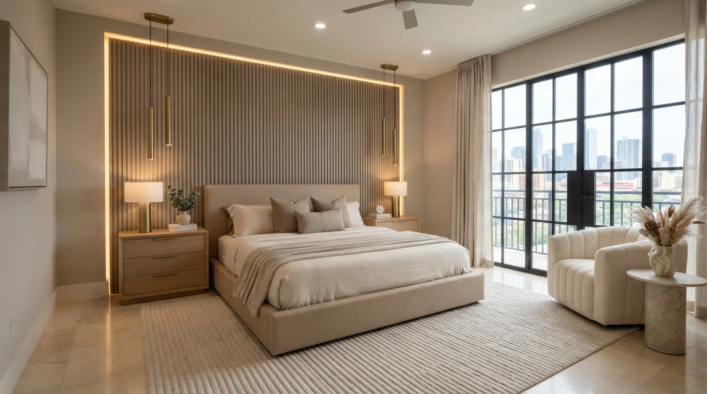 Warm Sand Haven — neutral master bedroom painted in Soft Suede