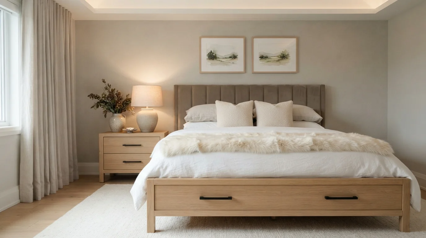 Soft Neutral Haven — neutral master bedroom painted in Rabbit's Ear