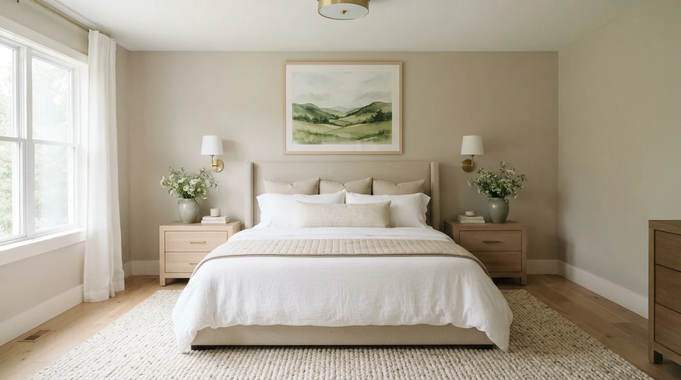 Muted Warm Neutral — neutral master bedroom painted in Roasted Macadamia