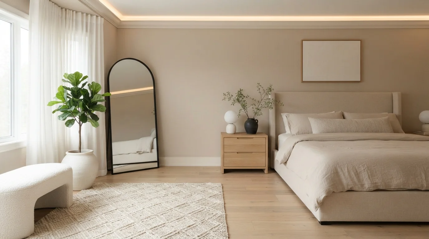 Warm Minimalist Serenity — neutral master bedroom painted in Cocoa Dust